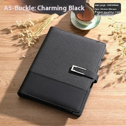 A5 soft PU leather business notebook in choice of five colours, shown with wood-free paper pages and optional gift box.