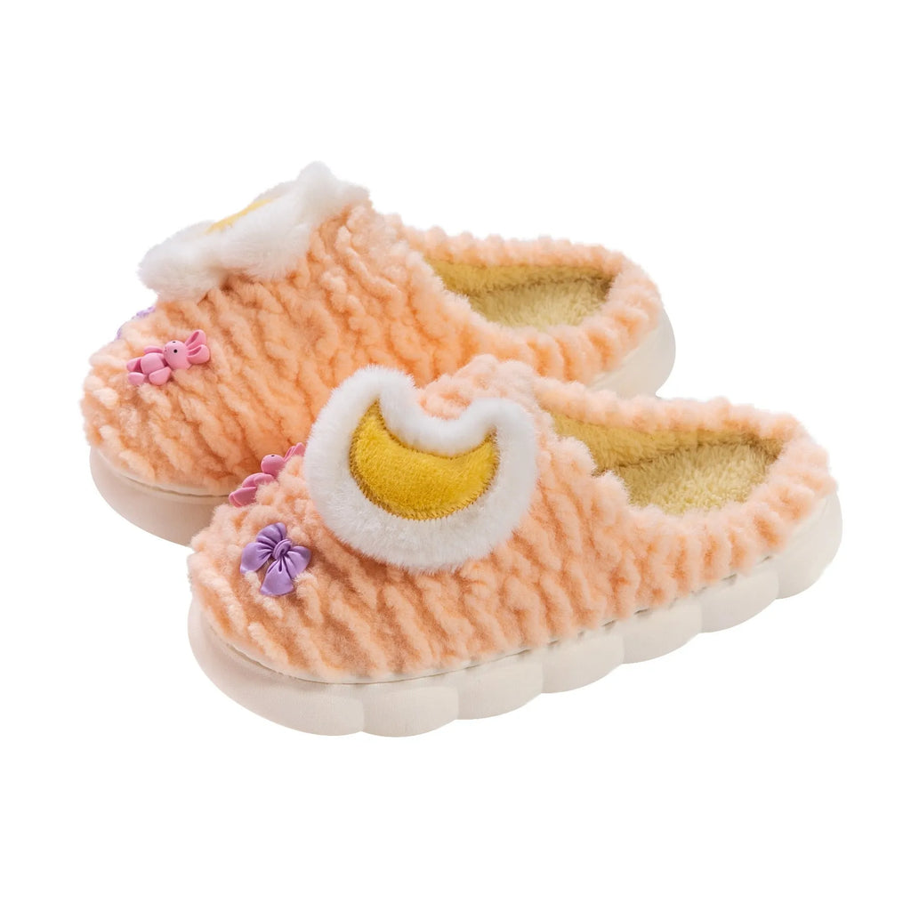 Women's light blue cartoon animal fleece-lined slippers with floral pattern and PVC sole