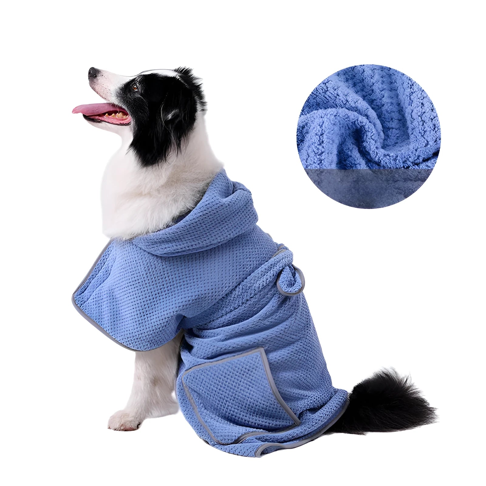Blue dog bath robe towel with adjustable waistband wrapped around a dog, showing soft fleece material.