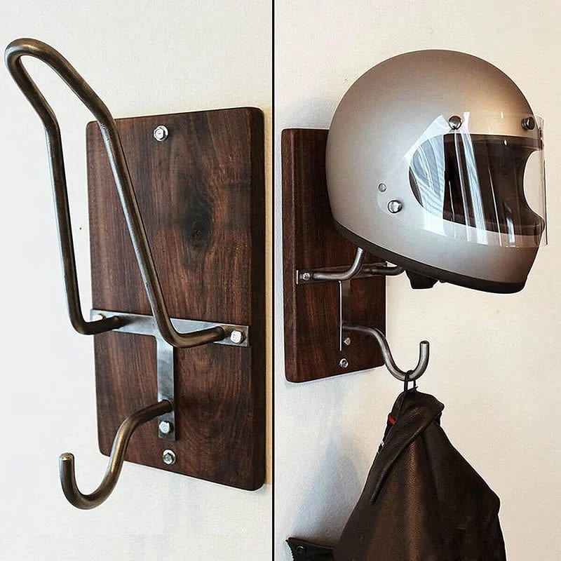 Sturdy black motorcycle helmet rack jacket hook mounted on wall