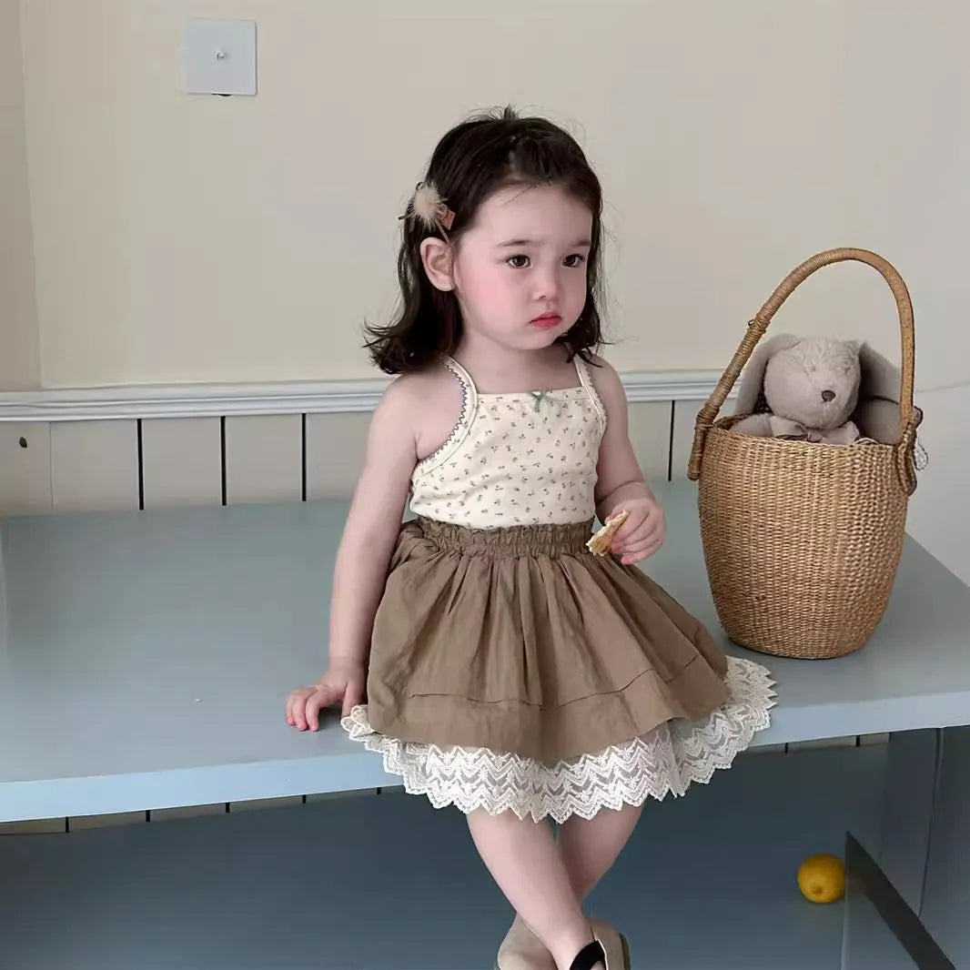 Summer baby cotton skirt suit set in Korean style with floral camisole and brown skirt, available in sizes 73-100cm height