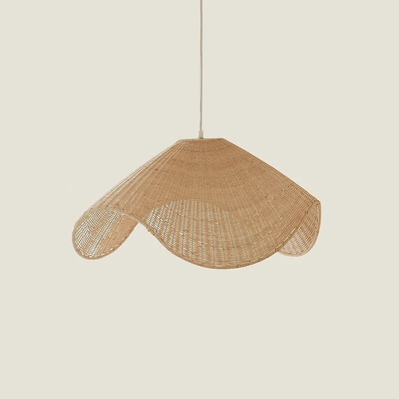 Handmade bamboo and straw rattan chandelier with warm LED light in natural woven design