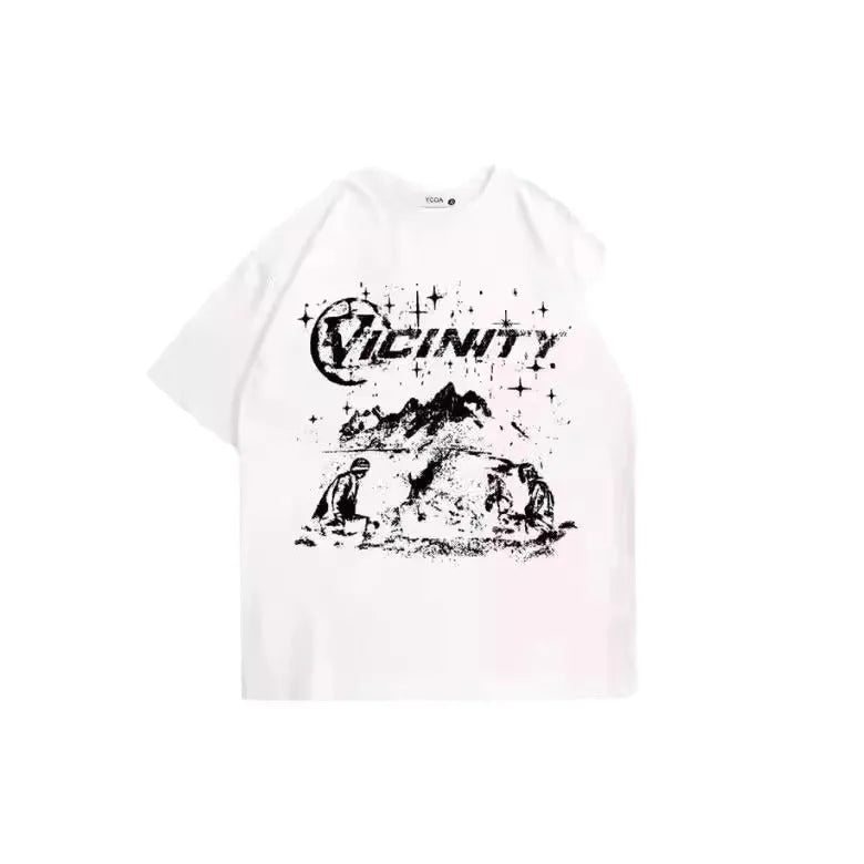 Men's grey hip hop graphic print t-shirt on a hanger, showing retro design.