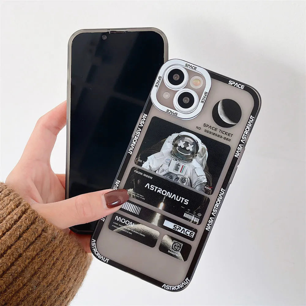 Blue-black silicone TPU iPhone case with a space astronaut graffiti print design.