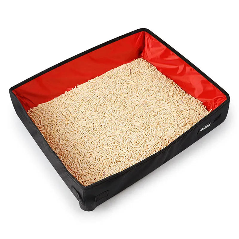 Portable foldable cat litter box made of Oxford cloth, available in small and large sizes, red and black colours
