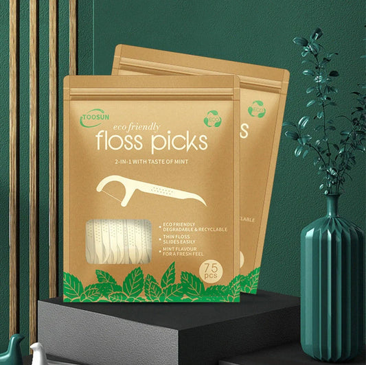 75 biodegradable dental floss sticks with mint flavour, each measuring 7.5cm in length