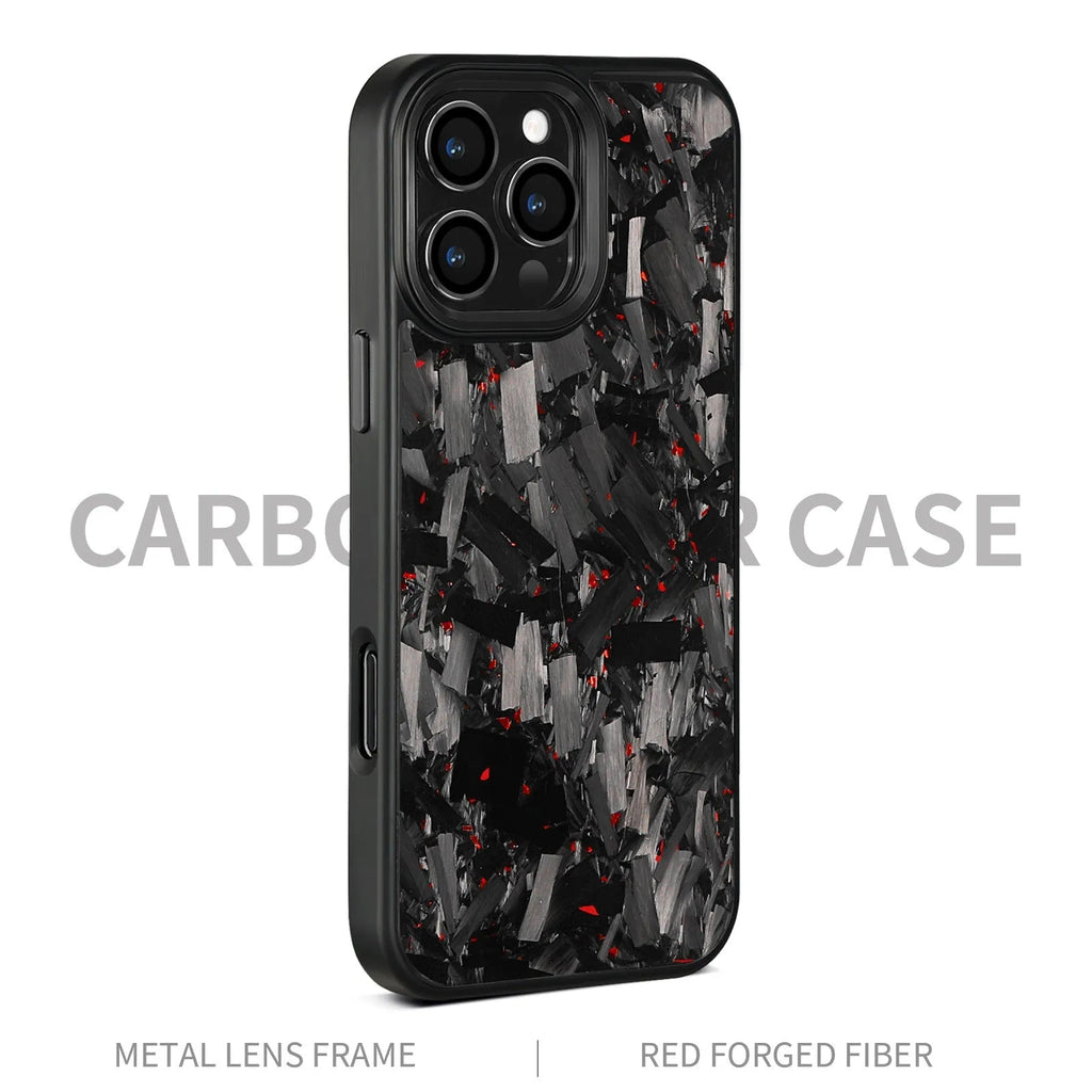 Forged pattern metal frame and carbon fibre protective case for iPhone 17, shown in black frame blue gold colour with magnetic feature.