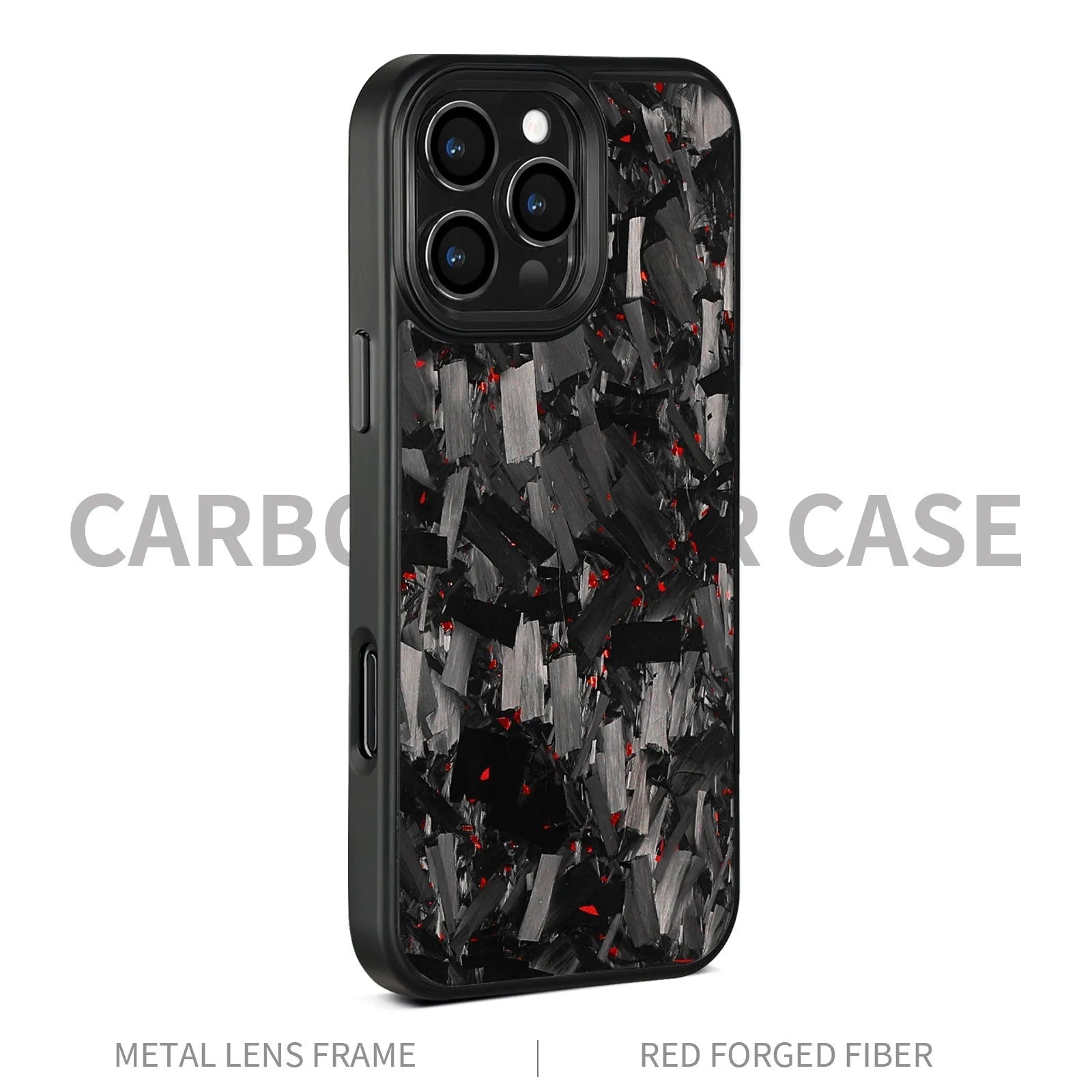 Forged pattern metal frame and carbon fibre protective case for iPhone 17, shown in black frame blue gold colour with magnetic feature.