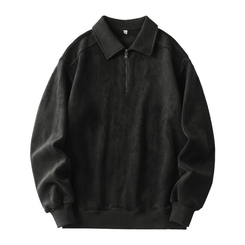 Men's lapel half-zip fleece sweatshirt in black, haze green, and apricot yellow