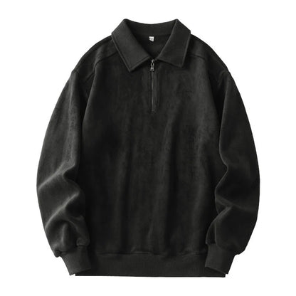 Men's lapel half-zip fleece sweatshirt in black, haze green, and apricot yellow