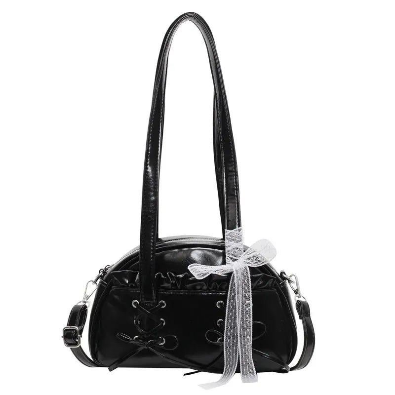 Women's casual PU bandage bow shoulder handbag with visible stitching, shown in milky white colour.