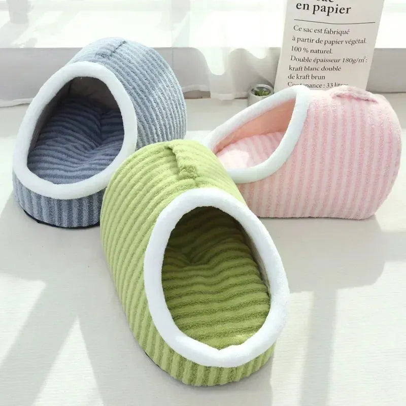 Thickened 3D plush dog cat bed with removable sponge in striped blue green pink yellow colours