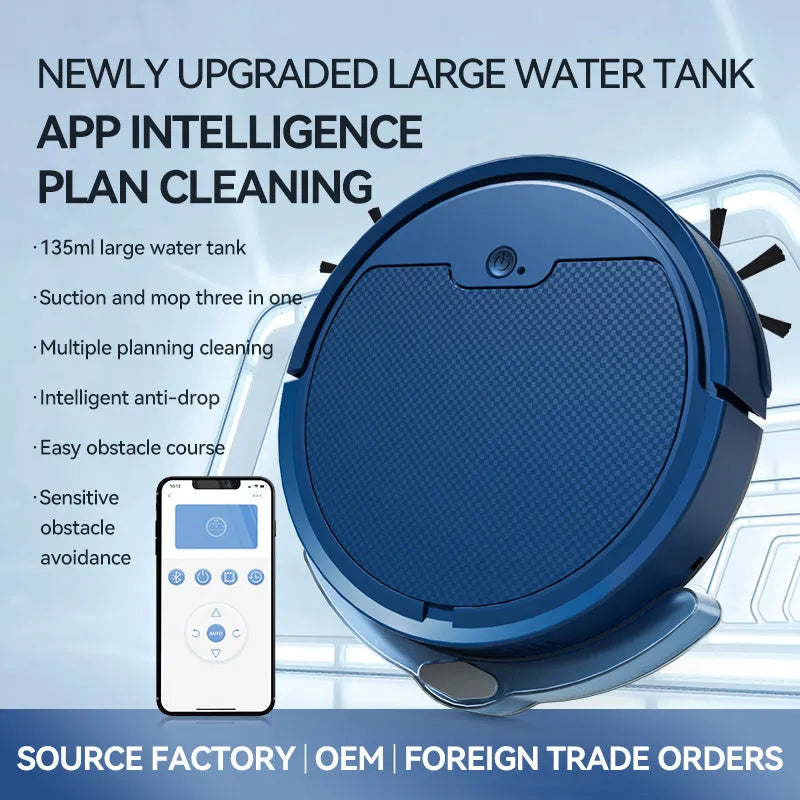 Intelligent sweeping robot in black with large water tank and planning cleaning line technology, 2000 Pa suction, app and remote control