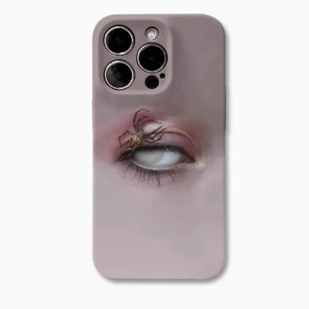 Dark frosted iPhone case with a heterochromatic spider graphic design.