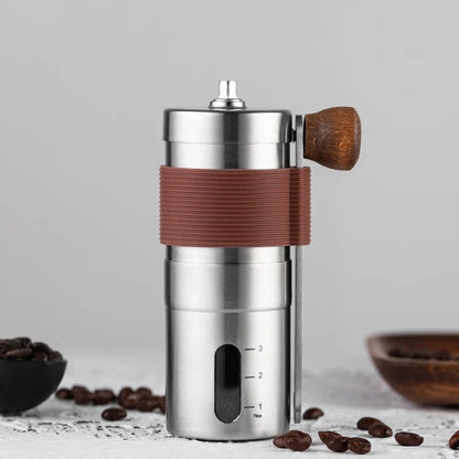 Portable hand coffee grinder with stainless steel body and non-slip silicone case