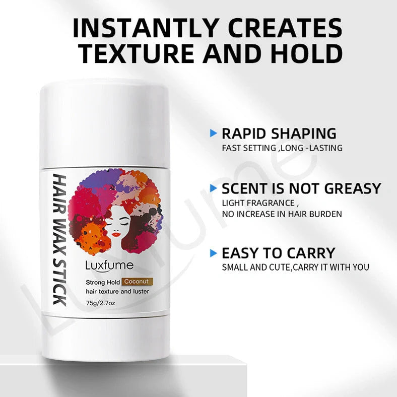 Cream styling hair wax stick in solid format with pineapple and coconut scent options for frizz control