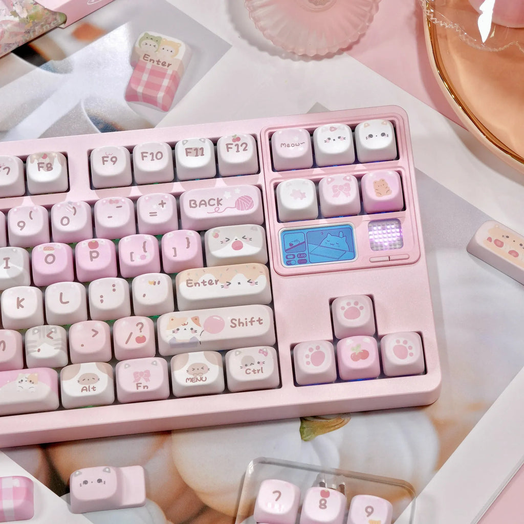 Pink cartoon design MOA profile mechanical keyboard keycaps showing print on top and sides