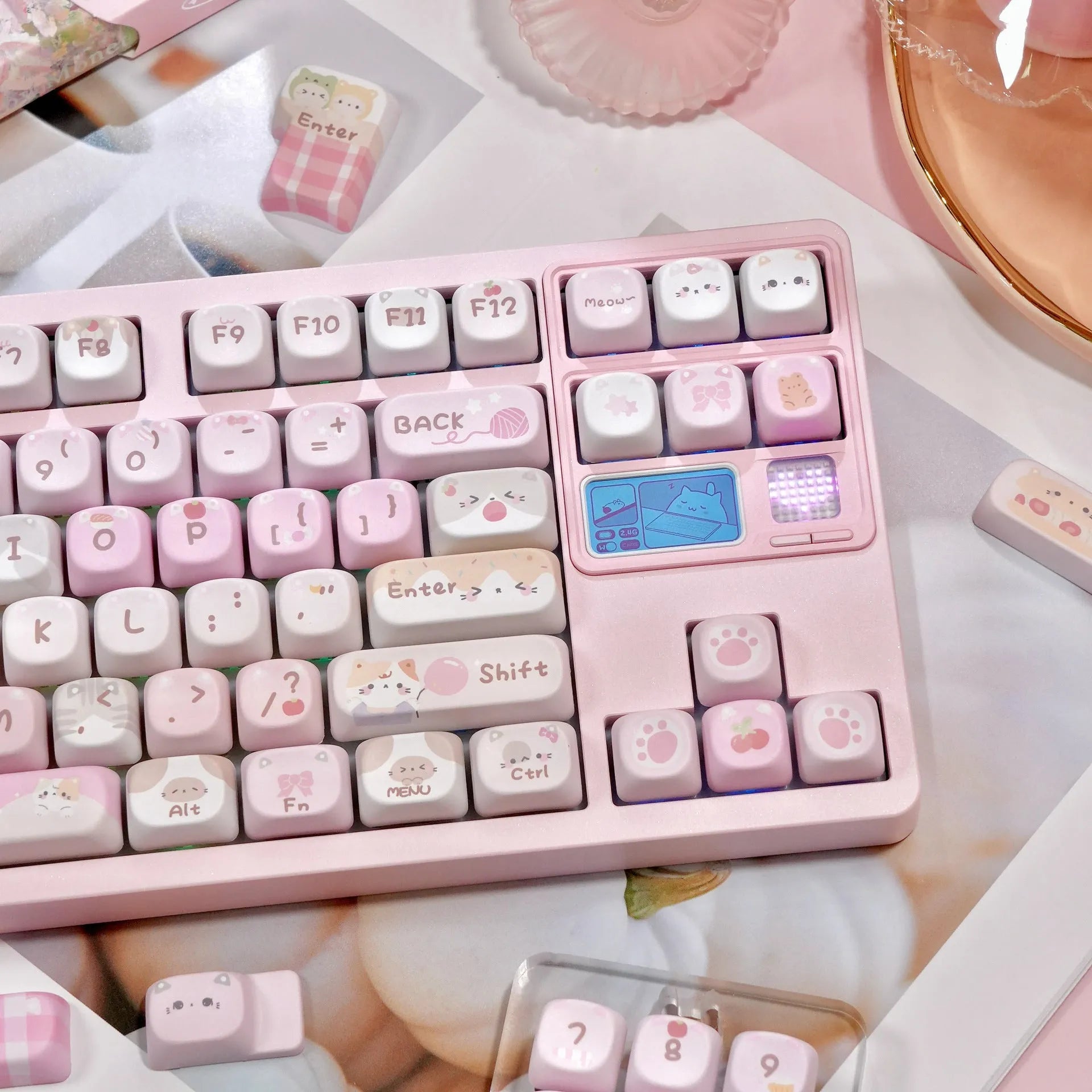 Pink cartoon design MOA profile mechanical keyboard keycaps showing print on top and sides