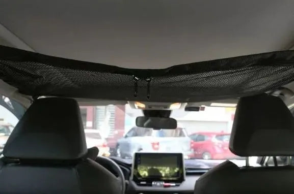 Double-layer mesh hanging car storage bag in black non-woven fabric for overhead console use
