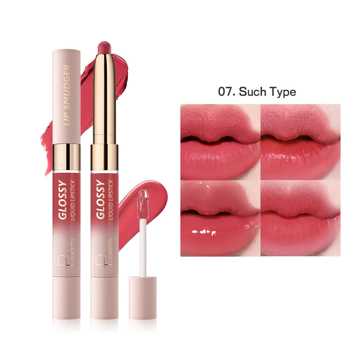 Double-ended lipstick and lip gloss set showing matte and glossy ends in one of ten available colour shades