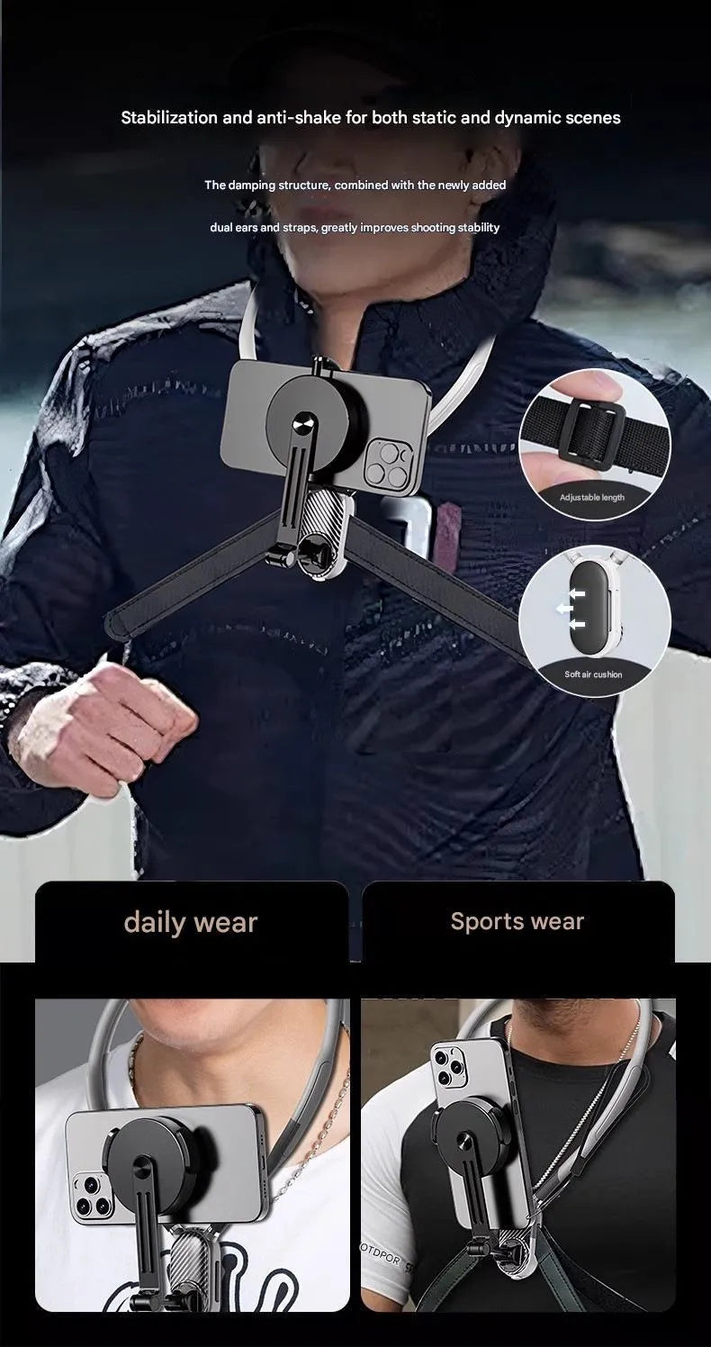Magnetic neck strap mount for mobile live streaming with anti-shake for cycling photography
