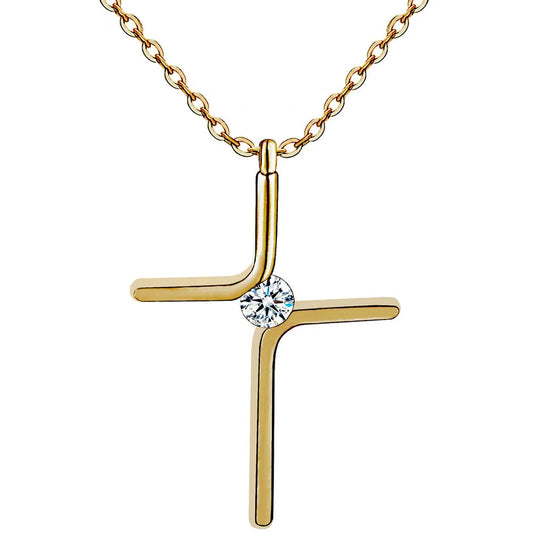 Titanium steel cross pendant necklace with water wave chain and inlaid gold treatment