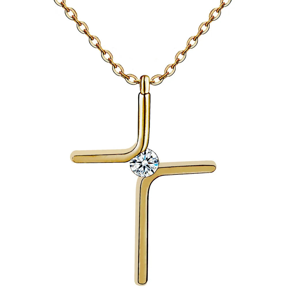 Titanium steel cross pendant necklace with water wave chain and inlaid gold treatment