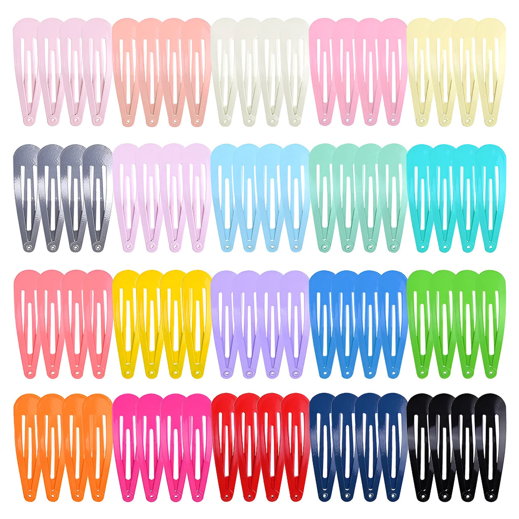 80 piece set of 2-inch metal hair barrettes in 20 different colours, displayed in a zip lock bag.