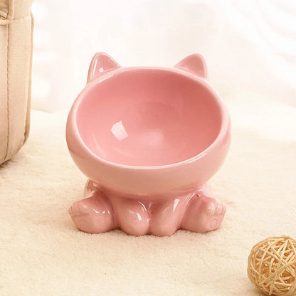 Ceramic pet bowl with neck guard and oblique mouth design in pink and blue