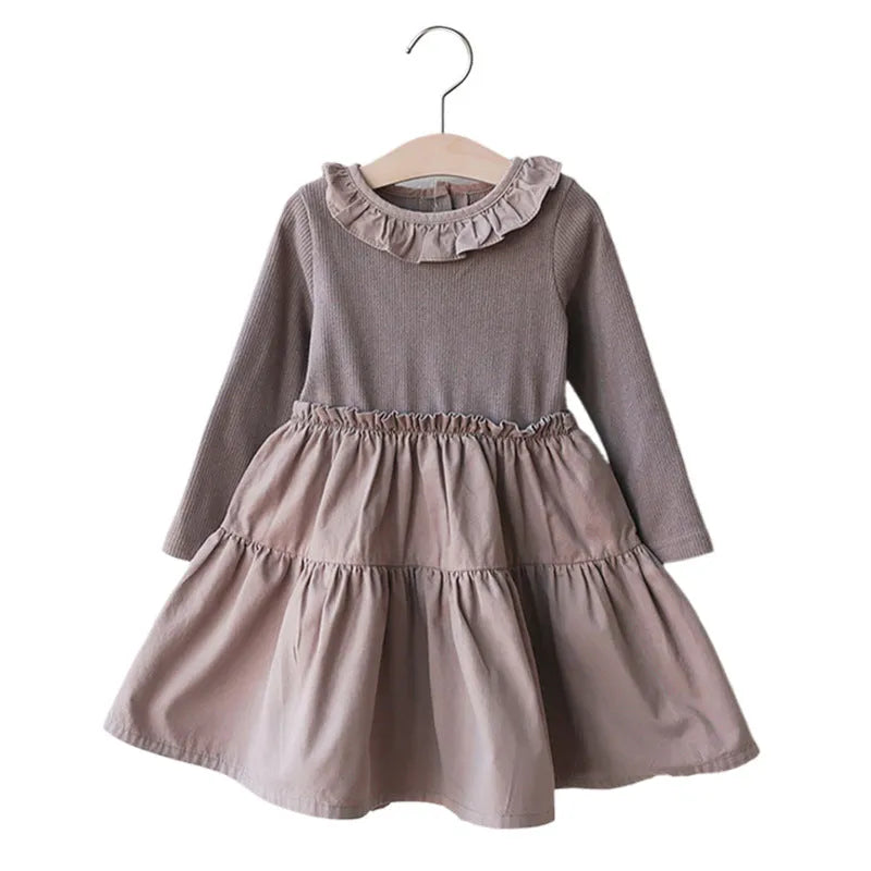 Girl's solid colour cotton princess dress with lace layering stitching, long sleeves, lotus root starch colour