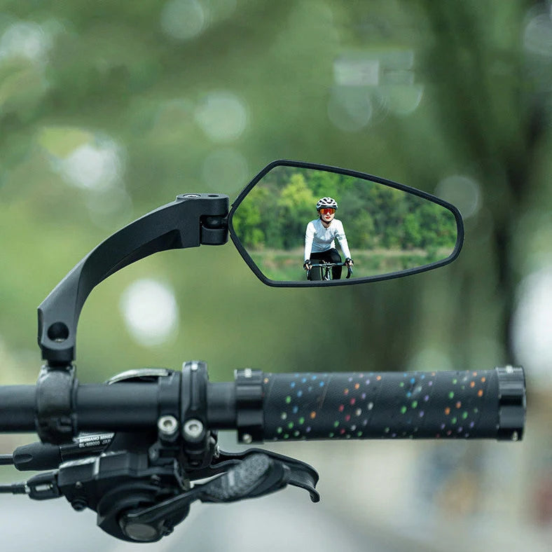 Bike mirror with 360° rotation and 120° adjustable base that fits 2-2.4cm handlebars, featuring acrylic lenses for clear imaging and wide field of vision with protective film