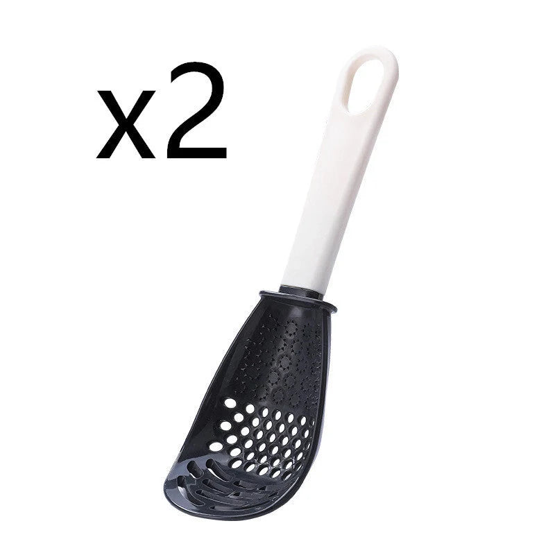 Multifunctional slotted spoon for grinding and cooking in red and black