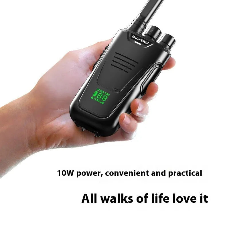Red and yellow high-power handheld intercom with USB charging port.
