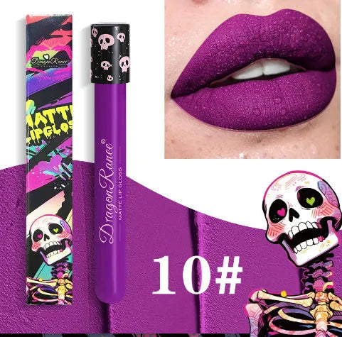 DR160 test tube skull lip gloss in matte gold and silver shades for Halloween makeup
