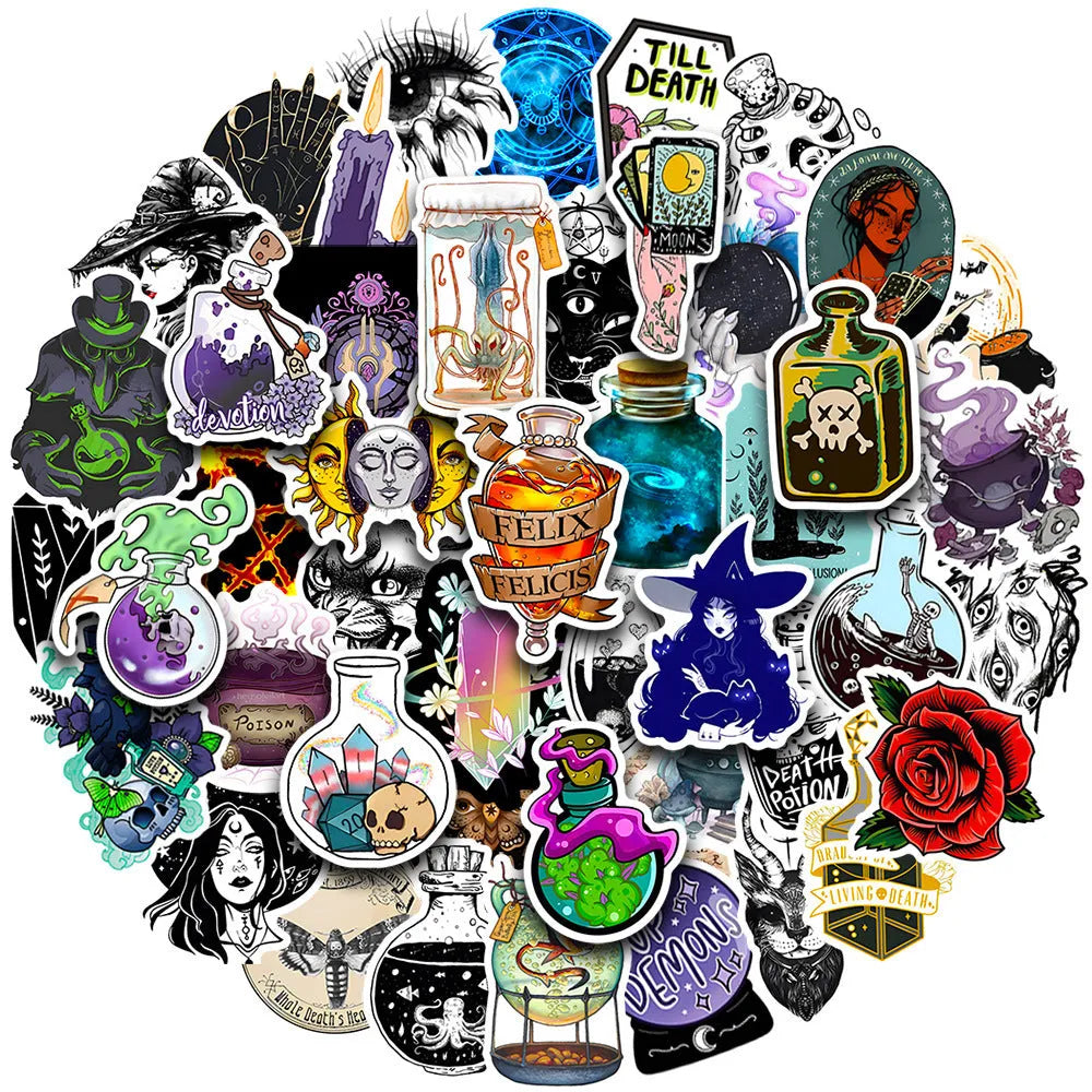 Pack of 50 colourful waterproof PVC stickers for laptops and skateboards on a smooth surface.