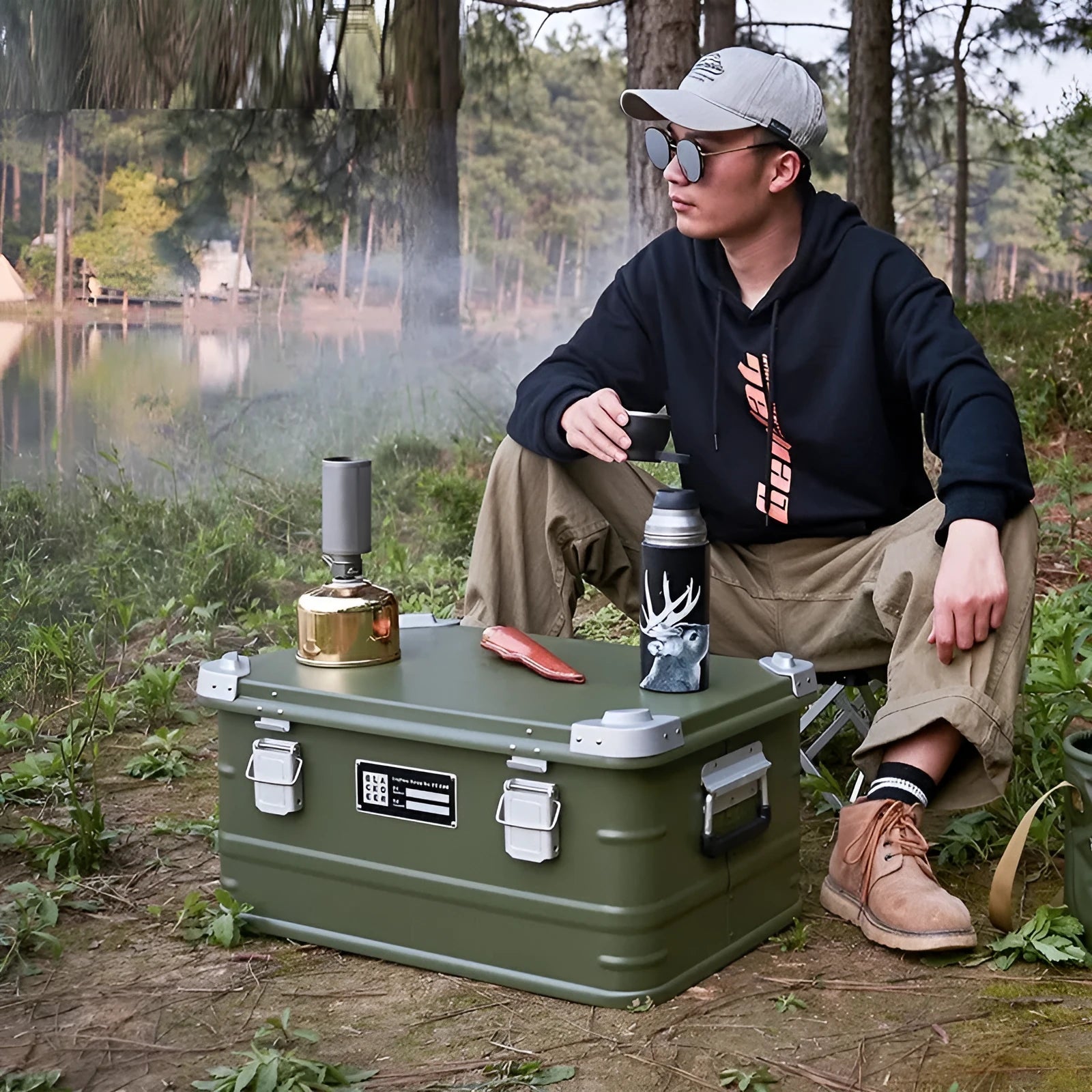 Field green aluminium alloy storage box for camping and vehicle use