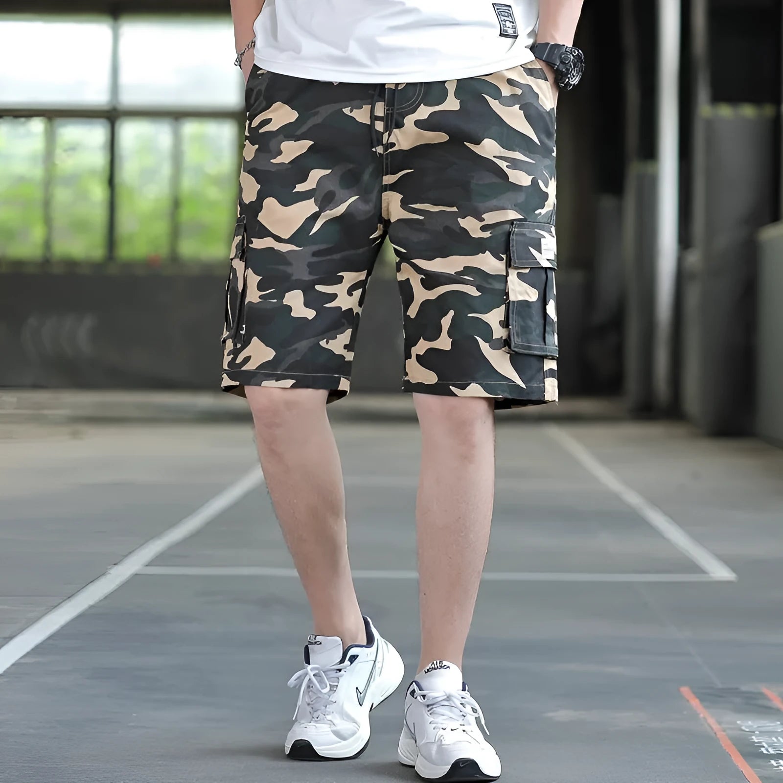 Men's loose fit trousers in army green colour, showing Korean style casual design.