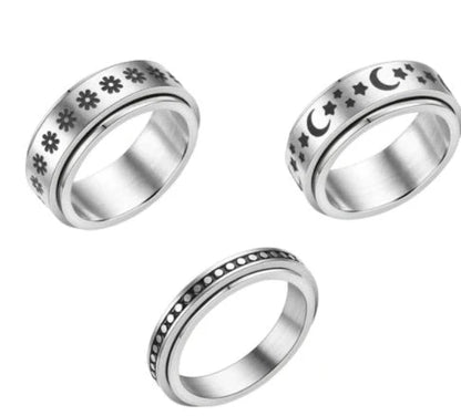 Stylish titanium steel rings with stars, moons, and unique textures for fashionable accessories