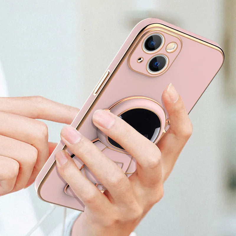 3D astronaut TPU phone case with electroplating bracket in light cyan for iPhone