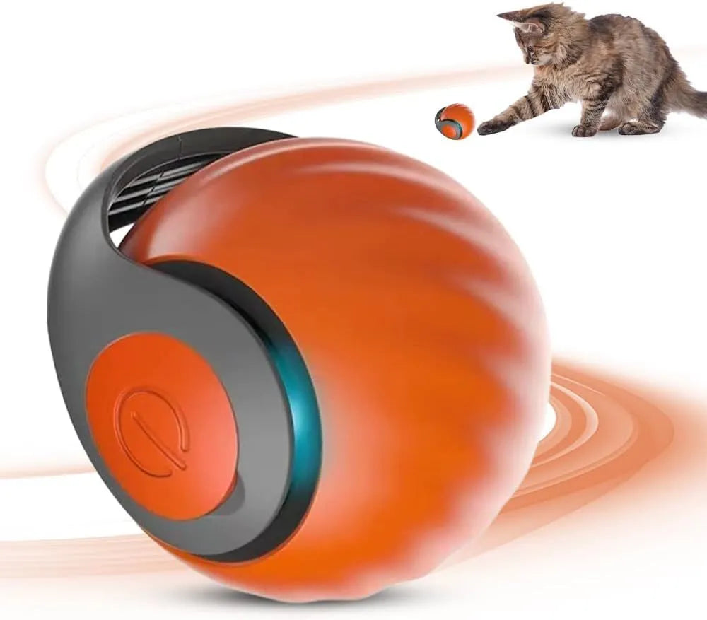 Interactive rolling ball pet toy with motion activation in blue or red colour