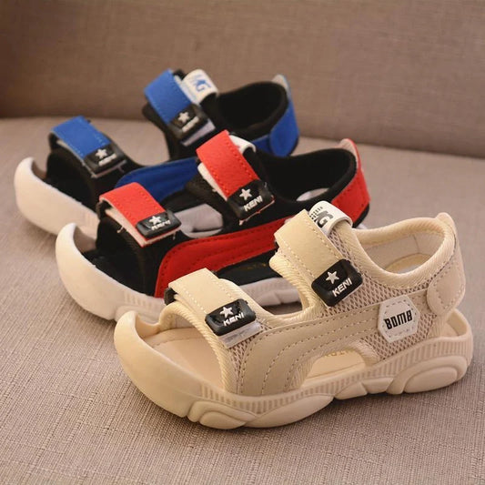 Boys' summer beach shoes with soft soles and anti-kick design in white, red, and blue