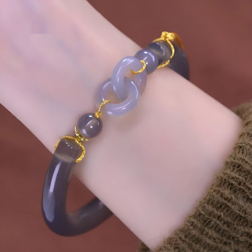 Smoke purple agate half bracelet with ring buckle adjustment in retro grey style