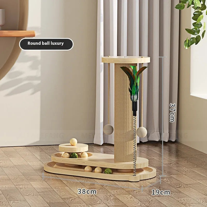 Solid wood cat scratching post with a central oval-shaped turntable platform for cats to play on.