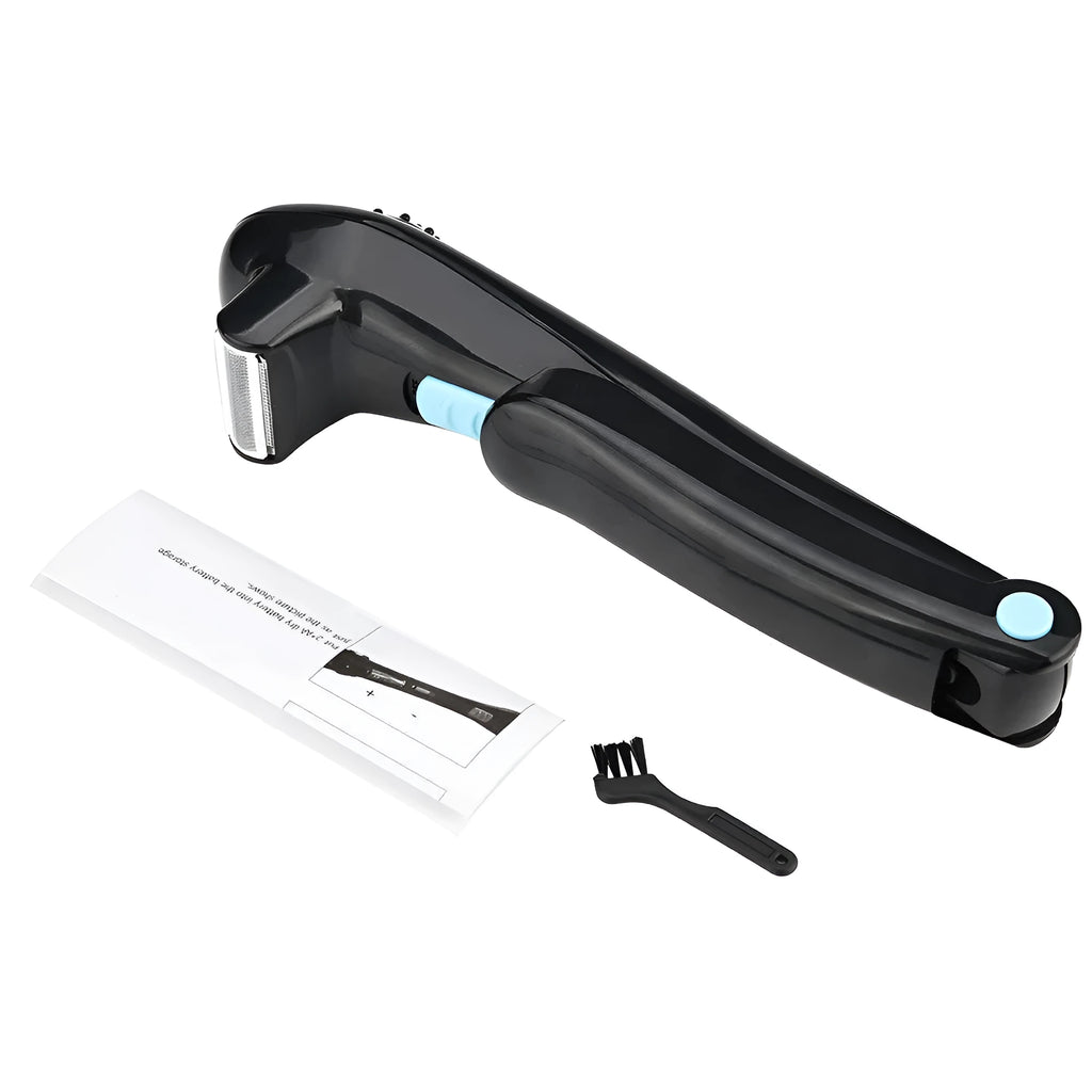 Black folding electric body shaver for men on a white background.