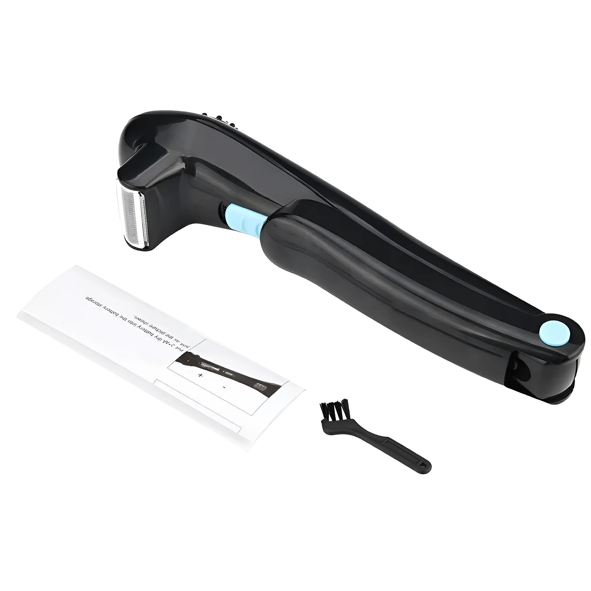 Black folding electric body shaver for men on a white background.