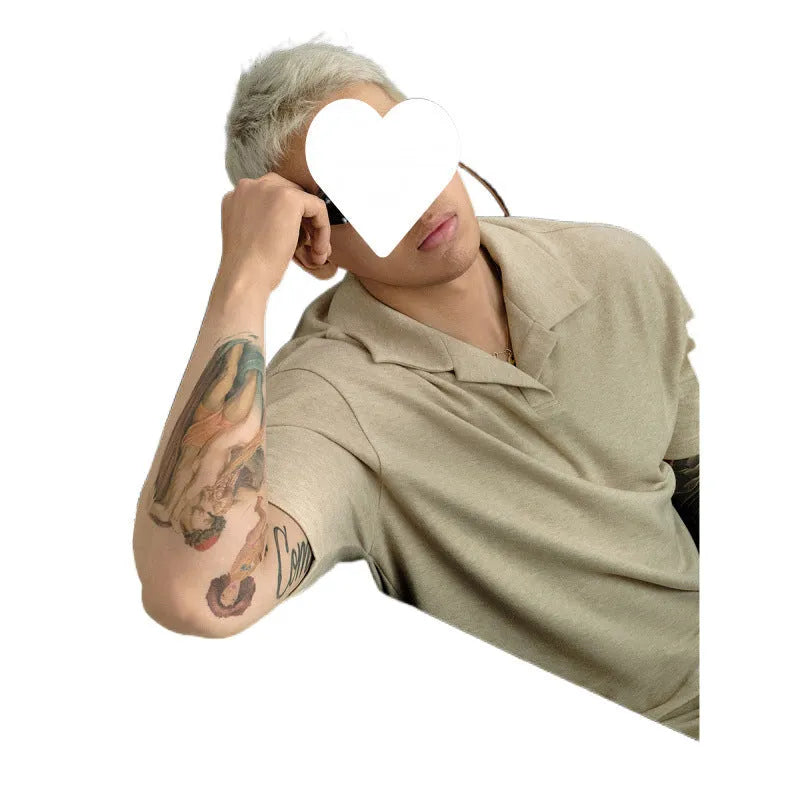 Men's beige cotton short-sleeved T-shirt with matching trousers, casual summer suit