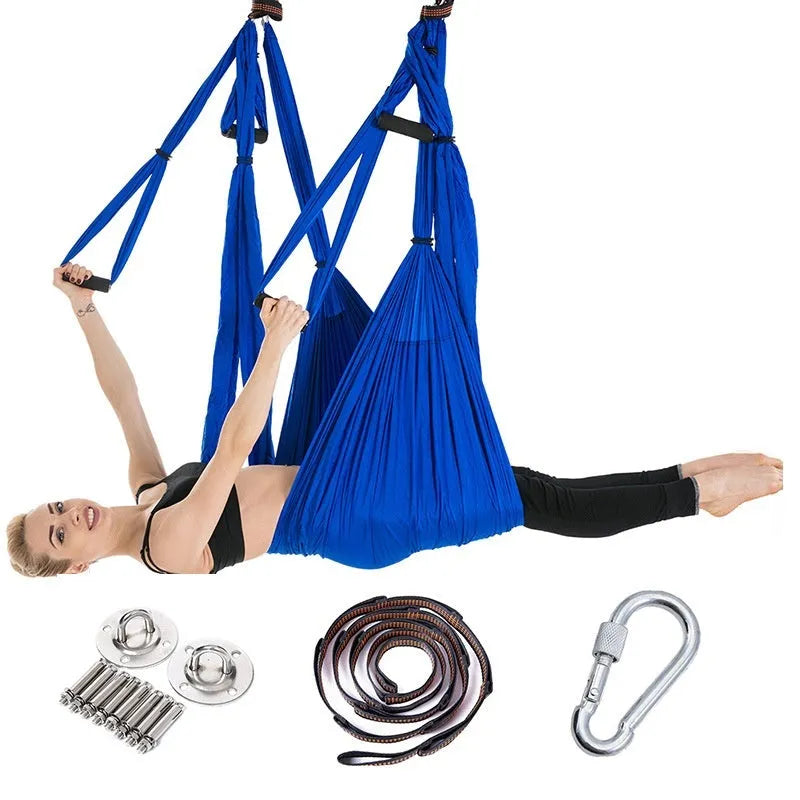 Full set aerial yoga hammock with 6 handles in non-elastic 210T nylon spinning, Royal Blue colour, for fitness and yoga practice