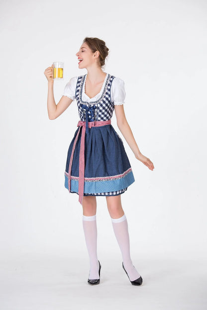 Bavarian Traditional Beer Dress in red, featuring a top, skirt, and apron, made from a cotton-polyester blend.