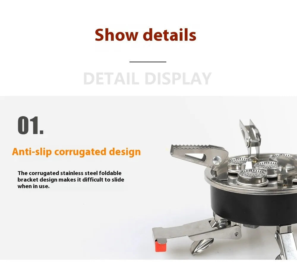Silver portable split stove for outdoor camping and picnics on a flat surface.