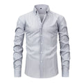 A striped men's long-sleeved dress shirt with a lapel collar, shown in one of six available colour variants.